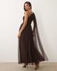 Lace & Beads Lace & Beads Bridesmaid tulle one shoulder scarf neck maxi dress in chocolate-Brown - 3