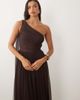 Lace & Beads Lace & Beads Bridesmaid tulle one shoulder scarf neck maxi dress in chocolate-Brown - 4