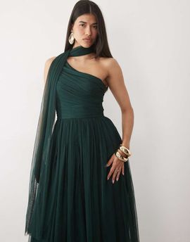 Lace & Beads Lace & Beads Bridesmaid tulle one shoulder scarf neck maxi dress in emerald green