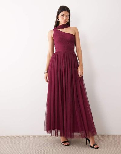 Lace & Beads Lace & Beads Bridesmaid tulle one shoulder scarf neck maxi dress in fig-Red