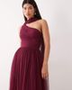 Lace & Beads Lace & Beads Bridesmaid tulle one shoulder scarf neck maxi dress in fig-Red - 4