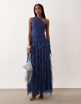 Lace & Beads Lace & Beads Bridesmaid tulle one shoulder waterfall ruffle maxi dress in blue