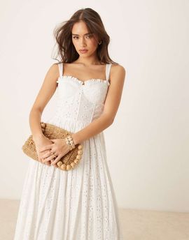 Lace & Beads Lace & Beads broderie cotton corset midaxi dress in white