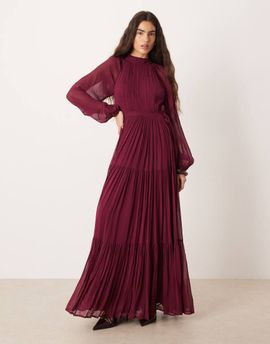 Lace & Beads Lace & Beads chiffon balloon sleeve tie waist pleated tiered maxi dress in burgundy