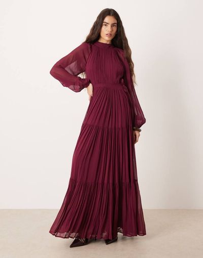 Lace & Beads Lace & Beads chiffon balloon sleeve tie waist pleated tiered maxi dress in burgundy