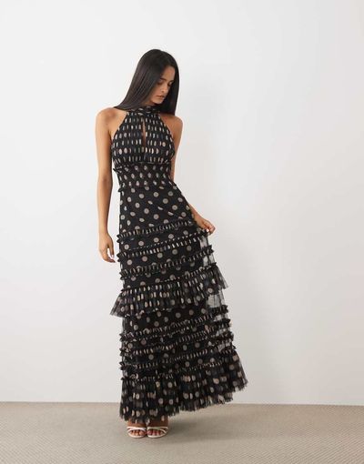 Lace & Beads Lace & Beads chiffon halter neck tie back ruffle maxi dress in black and tan polka dot
