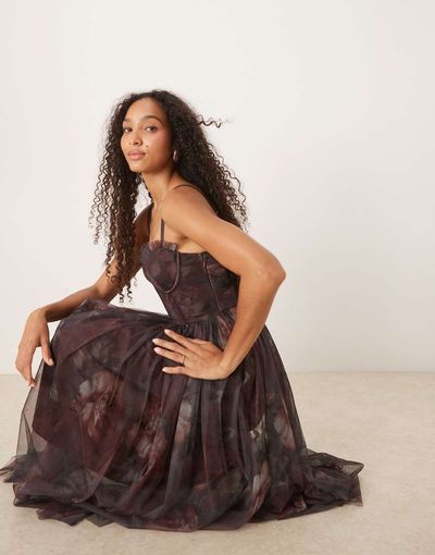 Lace & Beads Lace & Beads corset tulle midaxi dress in blurred plum