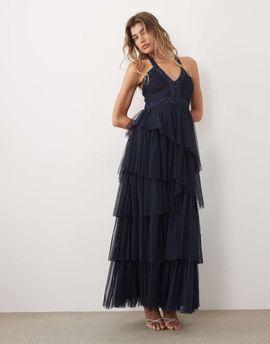 Lace & Beads Lace & Beads embellished tulle halter neck tiered ruffle maxi dress in navy