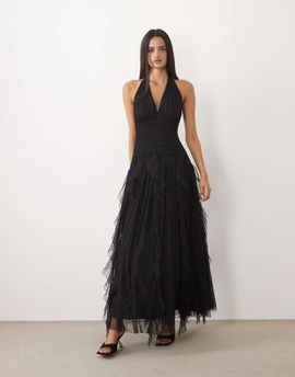 Lace & Beads Lace & Beads halter neck ruffle skirt textured maxi dress in black