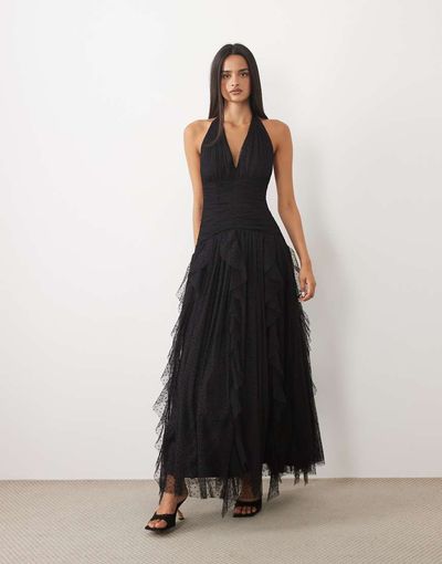 Lace & Beads Lace & Beads halter neck ruffle skirt textured maxi dress in black