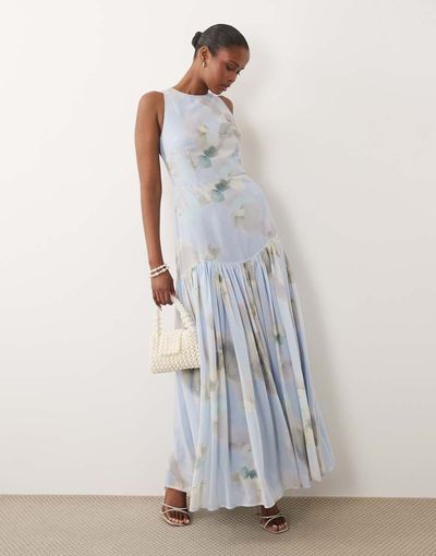 Lace & Beads Lace & Beads high neck sleeveless dropped waist full skirted chiffon maxi dress in blue