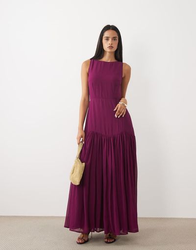 Lace & Beads Lace & Beads high neck sleeveless pleated drop waist chiffon maxi dress in fig-Red