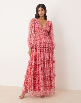 Lace & Beads Lace & Beads long sleeve maxi dress in red and pink floral