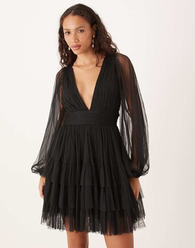 Lace & Beads Lace & Beads long sleeve plunge tiered tulle mini dress in black