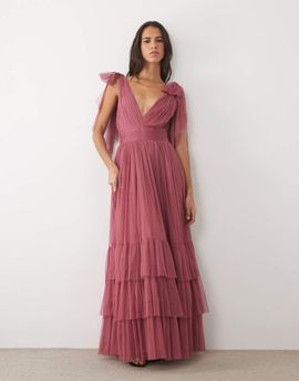 Lace & Beads Lace & Beads Madison tulle bow shoulder plunge neck maxi dress in dusty pink-Orange