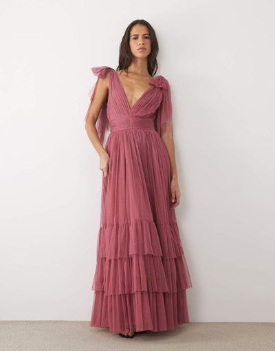 Lace & Beads Lace & Beads Madison tulle bow shoulder plunge neck maxi dress in dusty pink-Orange