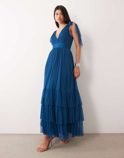 Lace & Beads Lace & Beads Madison tulle bow shoulder plunge neck maxi dress in teal-Blue