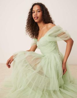 Lace & Beads Lace & Beads off shoulder high low tulle maxi dress in sage-Green