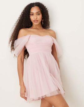 Lace & Beads Lace & Beads off the shoulder tulle mini dress in powder pink