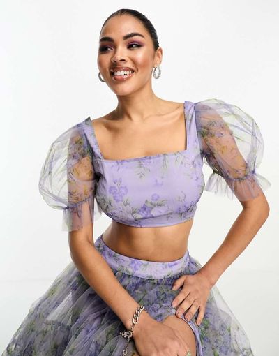 Lace & Beads Lace & Beads organza puff sleeve crop top in lilac floral - part of a set-Multi