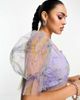 Lace & Beads Lace & Beads organza puff sleeve crop top in lilac floral - part of a set-Multi - 3