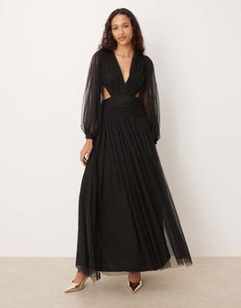 Lace & Beads Lace & Beads plunge neck dropped hem tulle maxi dress in black