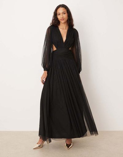 Lace & Beads Lace & Beads plunge neck dropped hem tulle maxi dress in black