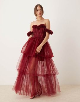Lace & Beads Lace & Beads rosette corset maxi dress in burgundy-Red