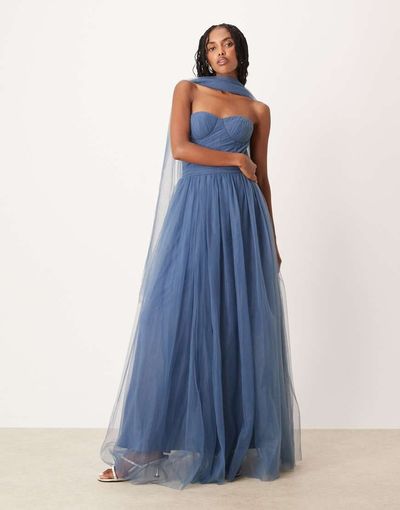 Lace & Beads Lace & Beads scarf neck corset tulle maxi dress in ethereal blue