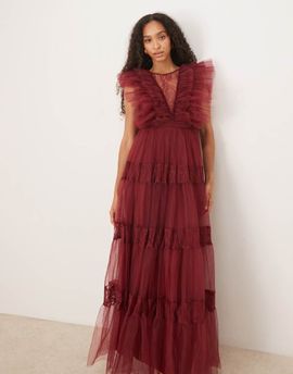 Lace & Beads Lace & Beads sheer lace plunge maxi dress in oxblood-Red