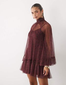 Lace & Beads Lace & Beads sheer tulle high neck bell sleeve mini dress in burgundy polka dot-PURPLE