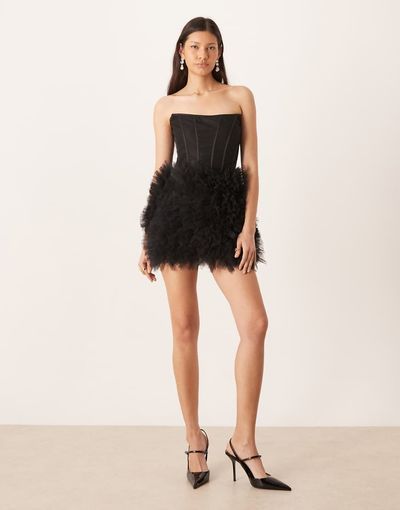 Lace & Beads Lace & Beads strapless corset detailing tulle skirted mini dress in black