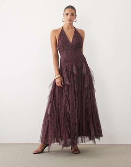 Lace & Beads Lace & Beads textured halter neck ruffle skirt maxi dress in burgundy polka dot-PURPLE