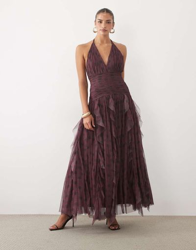 Lace & Beads Lace & Beads textured halter neck ruffle skirt maxi dress in purple polka dot