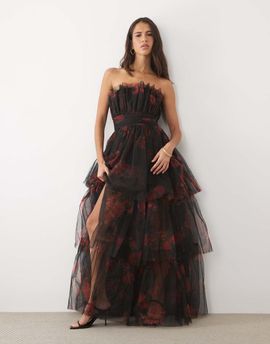 Lace & Beads Lace & Beads tulle bandeau ruffle tiered maxi dress in black floral-MULTI