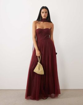 Lace & Beads Lace & Beads tulle bandeau scarf neck corset maxi dress in burgundy-Red