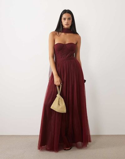 Lace & Beads Lace & Beads tulle bandeau scarf neck corset maxi dress in burgundy-Red