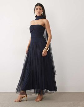 Lace & Beads Lace & Beads tulle bandeau shaped waistband scarf detail maxi dress in navy