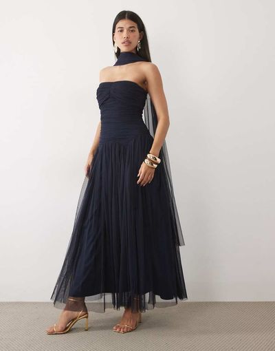 Lace & Beads Lace & Beads tulle bandeau shaped waistband scarf detail maxi dress in navy