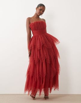 Lace & Beads Lace & Beads tulle bandeau tiered maxi dress in red