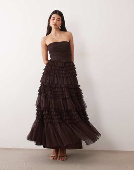 Lace & Beads Lace & Beads tulle bandeau tiered ruffle maxi dress in chocolate-Brown