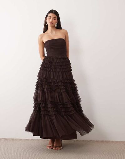 Lace & Beads Lace & Beads tulle bandeau tiered ruffle maxi dress in chocolate-Brown