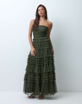 Lace & Beads Lace & Beads tulle bandeau tiered ruffle maxi dress in dark olive-Green