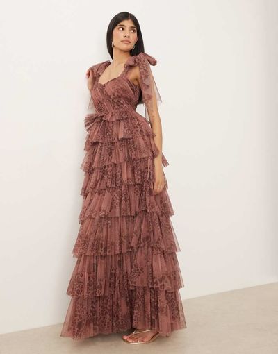 Lace & Beads Lace & Beads tulle bow shoulder midi dress in brown abstract animal-Multi