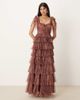 Lace & Beads Lace & Beads tulle bow shoulder midi dress in brown abstract animal-Multi - 4