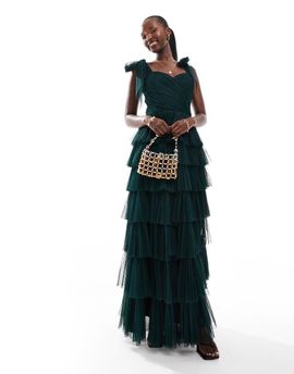 Lace & Beads Lace & Beads tulle bow shoulder ruffle maxi dress in emerald-Green