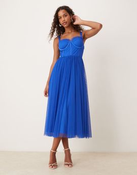 Lace & Beads Lace & Beads tulle corset midi dress in cobalt-Blue