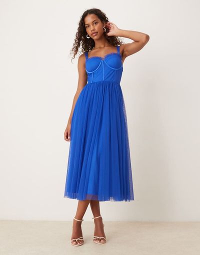 Lace & Beads Lace & Beads tulle corset midi dress in cobalt-Blue