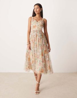 Lace & Beads Lace & Beads tulle corset midi dress in soft brown floral