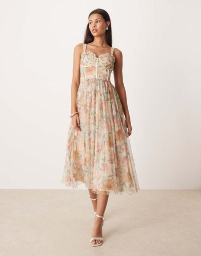 Lace & Beads Lace & Beads tulle corset midi dress in soft brown floral